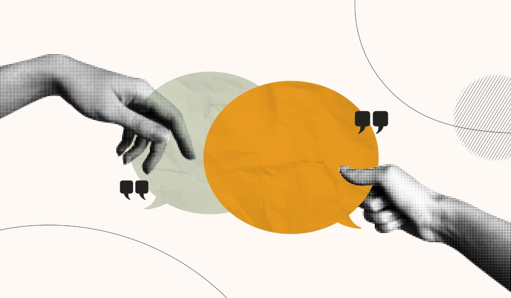 Trendy,Halftone,Collage,With,Hands,Holding,Two,Speech,Bubbles.,Social