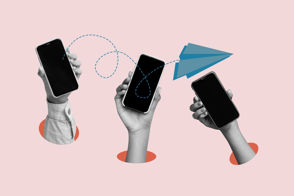 Composite,Photo,Collage,Of,Hands,Hold,Phone,Device,Paper,Plane